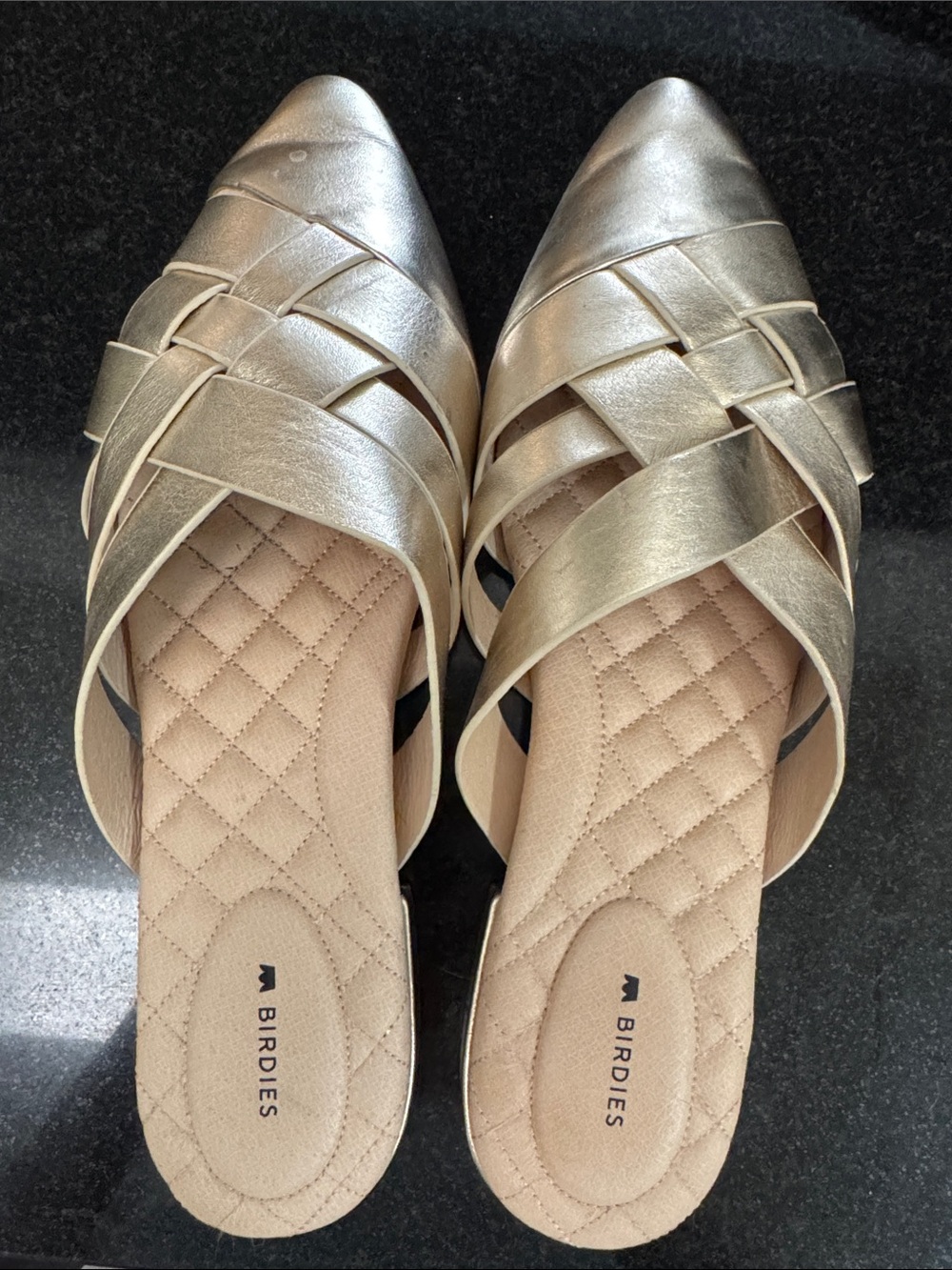Birdies Metallic Gold Woven Pointed Mules 10.5